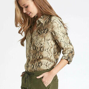 Dear John women's snake Print Satin Button Up Collard Blouse Silky S in brown